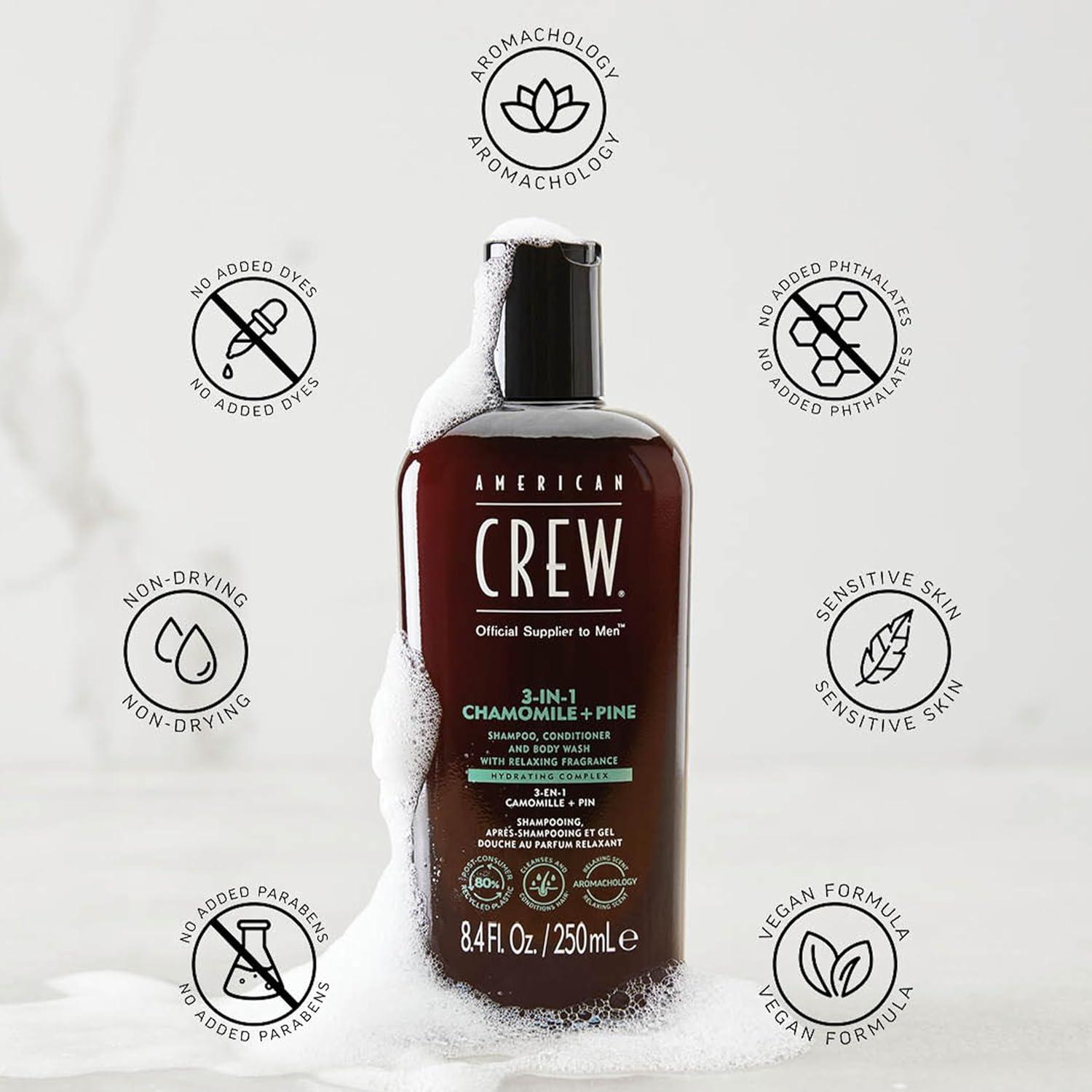American Crew Shampoo, Conditioner & Body Wash for Men, 3-in-1, 33.8 Fl Oz(Chamomile + Pine)