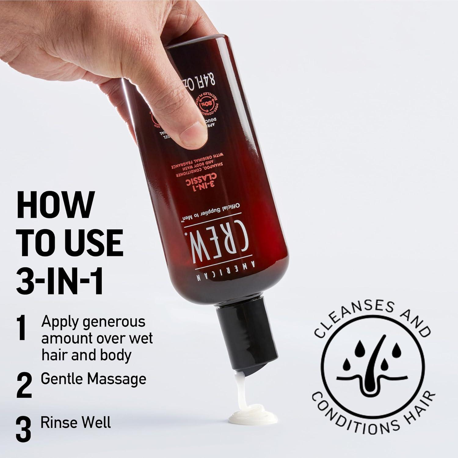 American Crew Shampoo, Conditioner & Body Wash for Men, 3-in-1, 33.8 Fl Oz(Clean)