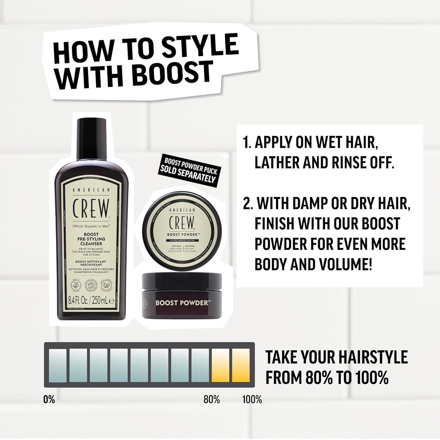 AMERICAN CREW Men’s Pre Styler Boost Shampoo for Fine & Thin Hair, Instantly Volumizing Formula, Adds Volume, Lift, & Shine, Vegan, 8.4 fl oz