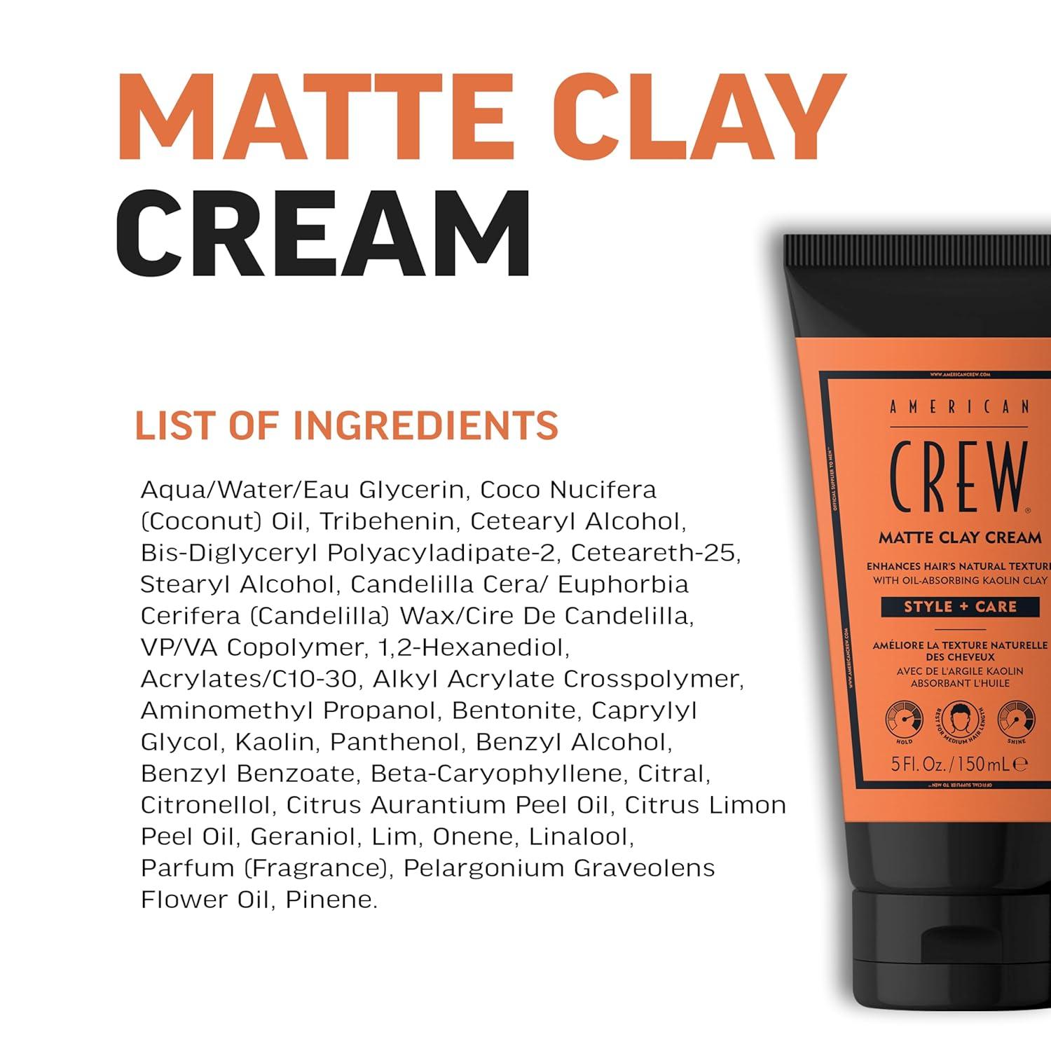 AMERICAN CREW Matte Clay Cream, Hybrid Hair Styling Clay Gel For Men, Medium Hold With Matte Finish, 5 fl oz